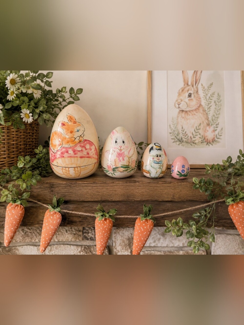 Hand Painted Bunny Egg Decor Set Cream Pastel Colors Easter Spring Cottagecore